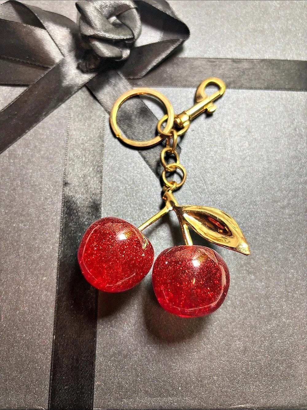 Cherry Bag Charm Keychain in Red & Gold